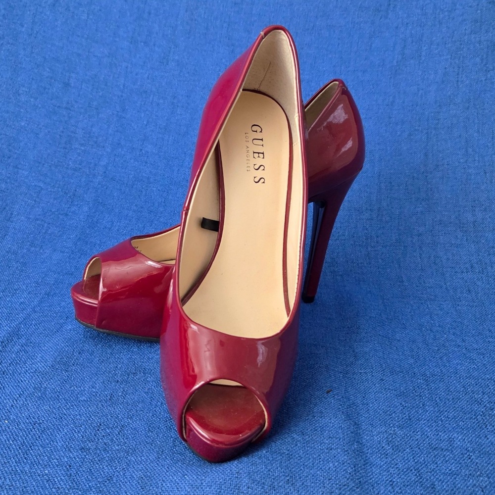 Guess Los Angeles Red Patent Platform Peep Toe Heels Stilettos - Size 8.5